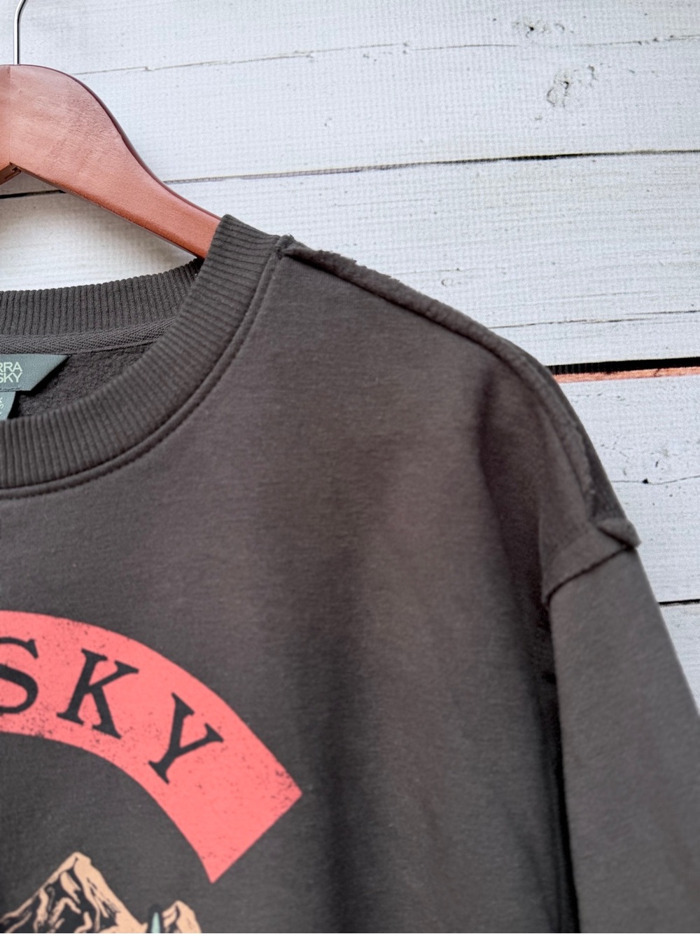 Terra & Sky Olive Graphic Crewneck Sweatshirt with Coral Print - Picture 3 of 4